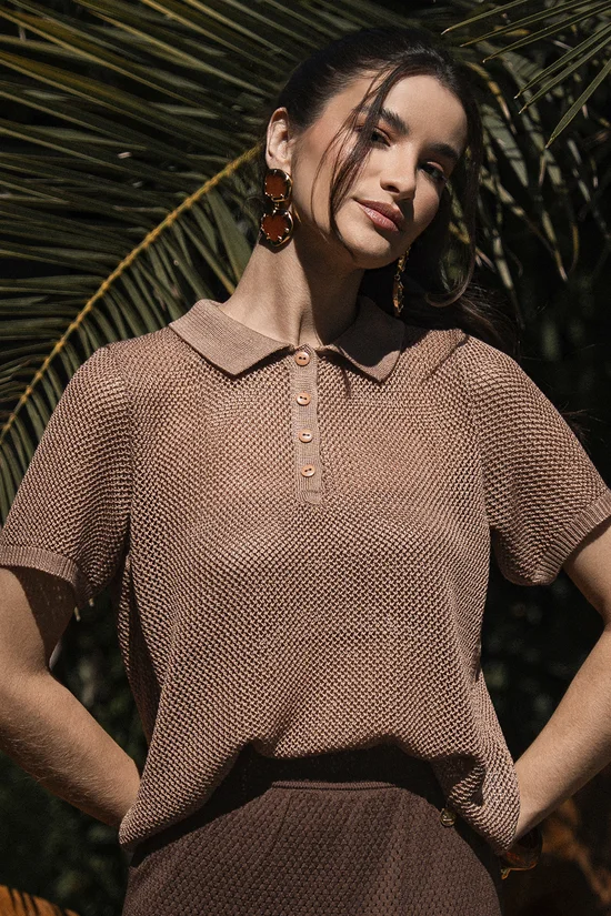 Camisa Ellis Gola Polo Com Botões Furadinha Marrom